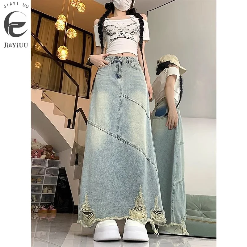 2024 Summer Haute Couture Distressed Versatile Female Spicy Girl Slimming Down Mid Length A-line Buttocks Wrapped Denim Skirt