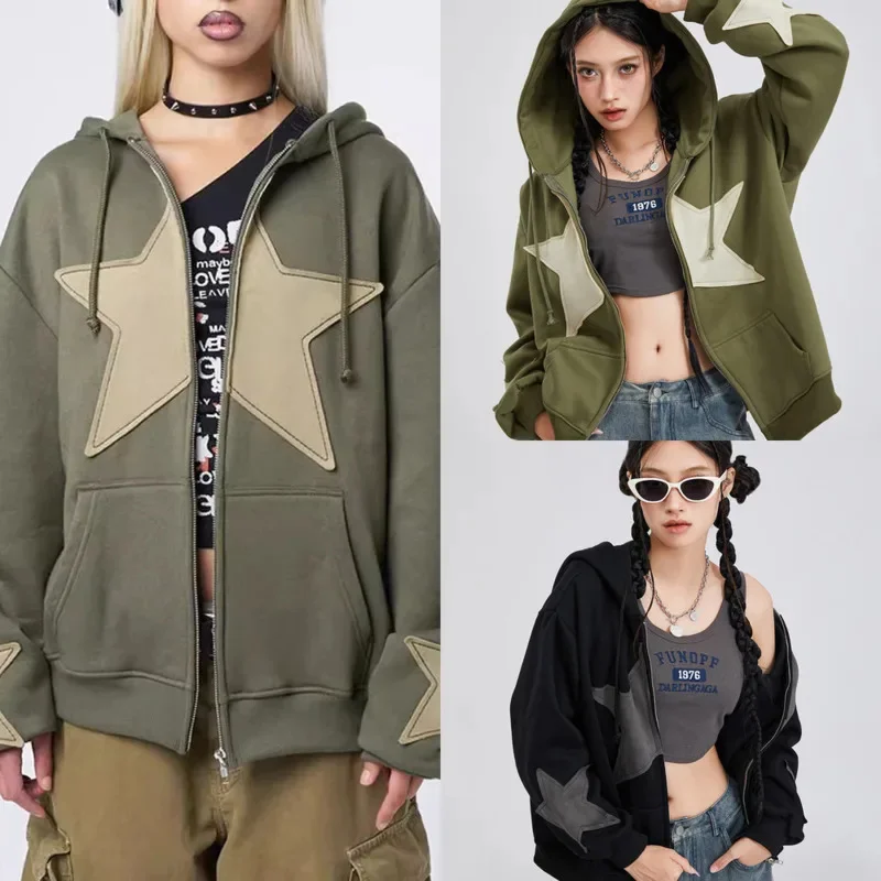 

Five Pointed Star Patch Fabric Zipper Hooded Sweater Women American Y2k Original Loose Casual Autumn Winter Cardigan Jacket Top