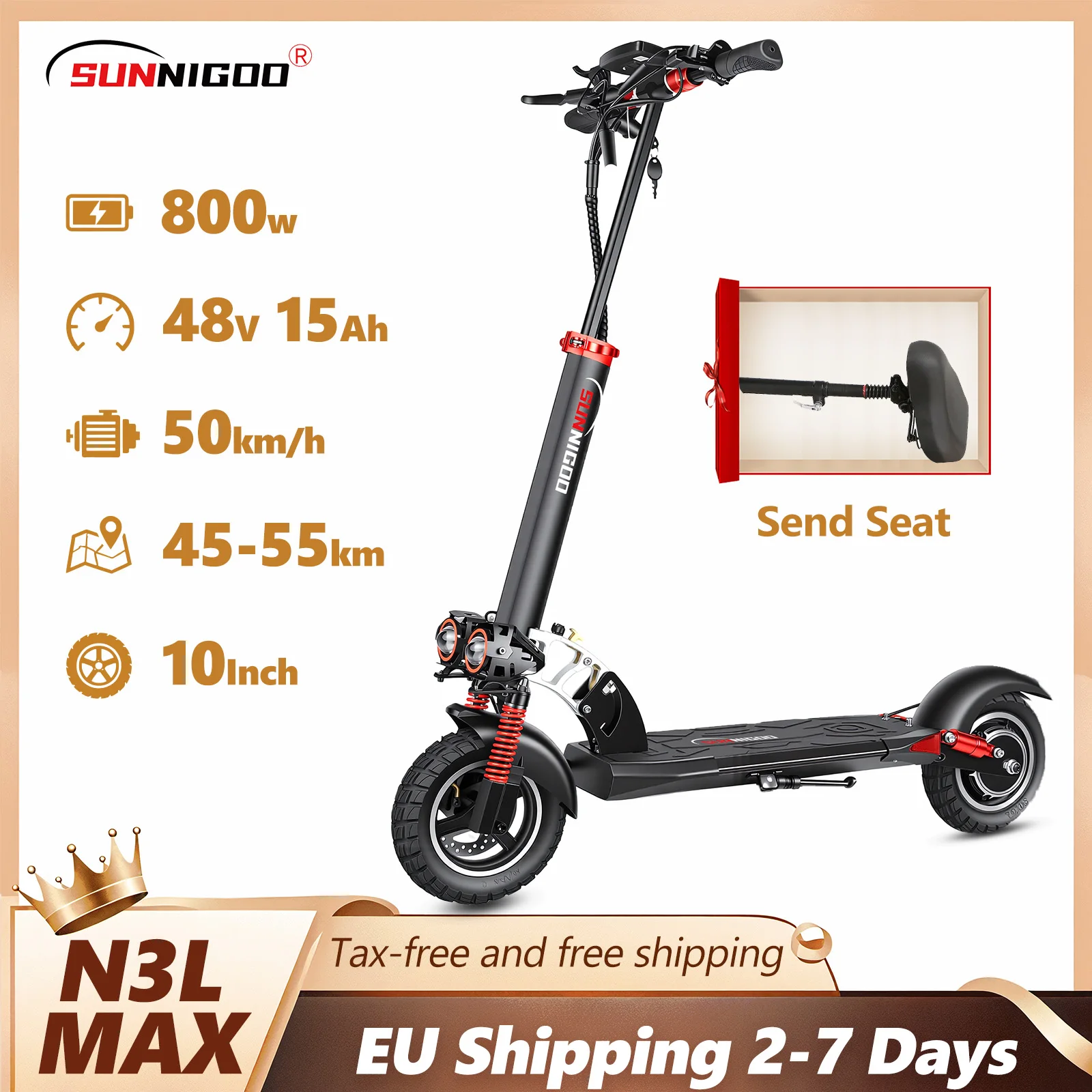 Trottinette électrique SUNNIGOO pour adultes avec verrouillage NFC, moteur puissant 48V 800W, siège inclinable, trottinette pliable, 15Ah, autonomie de 55 km