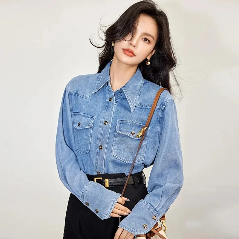 Denim Shirt Women Spring Autumn Single Breasted Tops Retro Long Sleeve Casual Fashion Shirt New