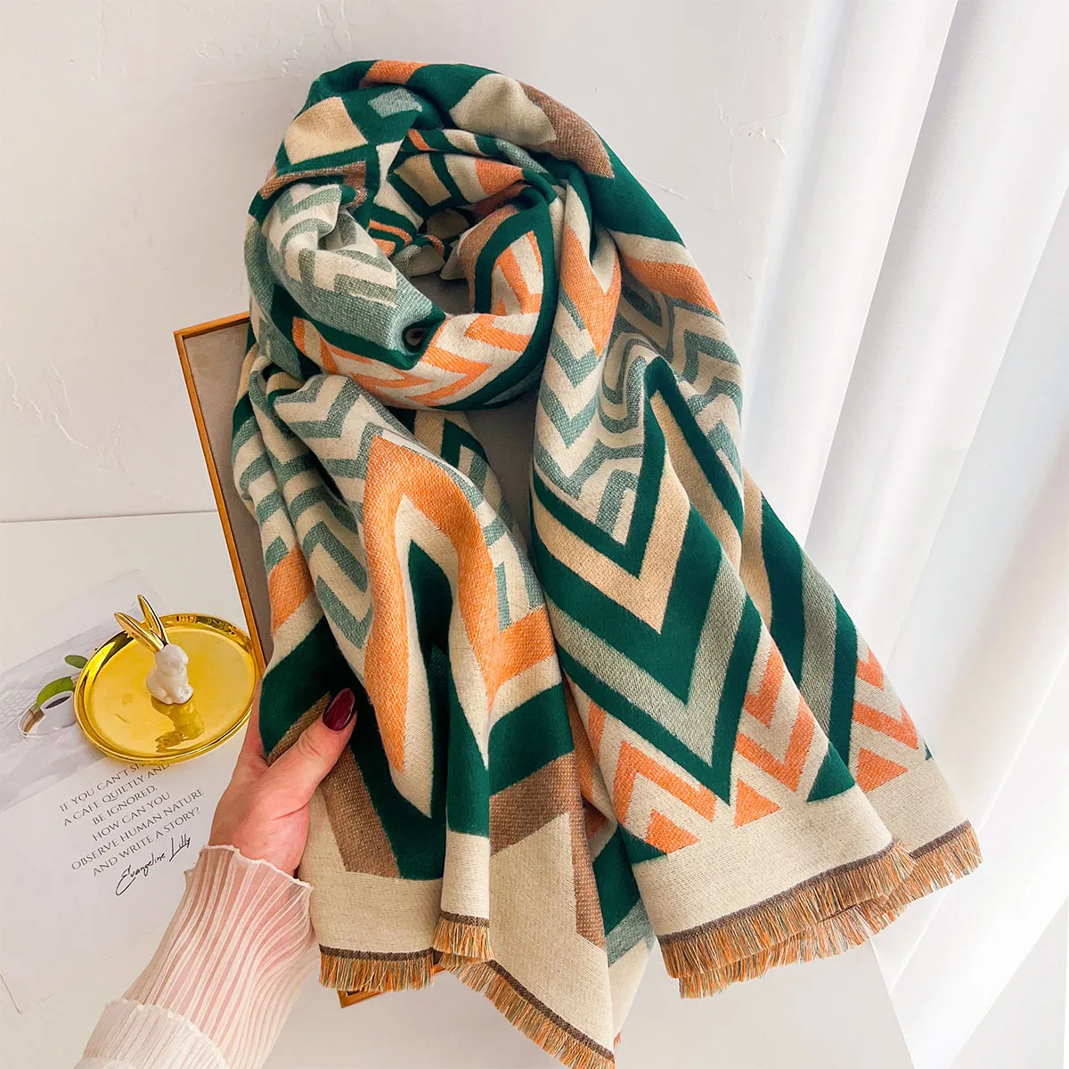 Women Brushed Pashmina Scarf Double Sided Reversible Shawl Short Fringe Thick Warm Scarves Wrap Winter Coat Accessory and Gifts