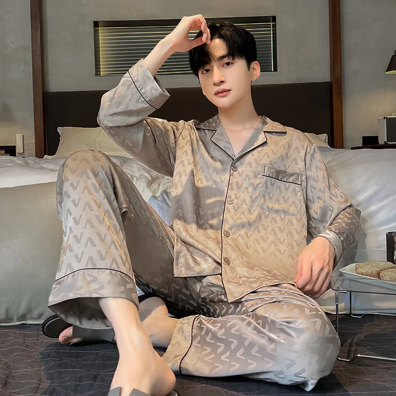 2024 New Spring Autumn Ice Silk Large Size Sleepwear Long Sleeved Thin Style Summer Men's Homewear Two-piece Set Loose Lapel