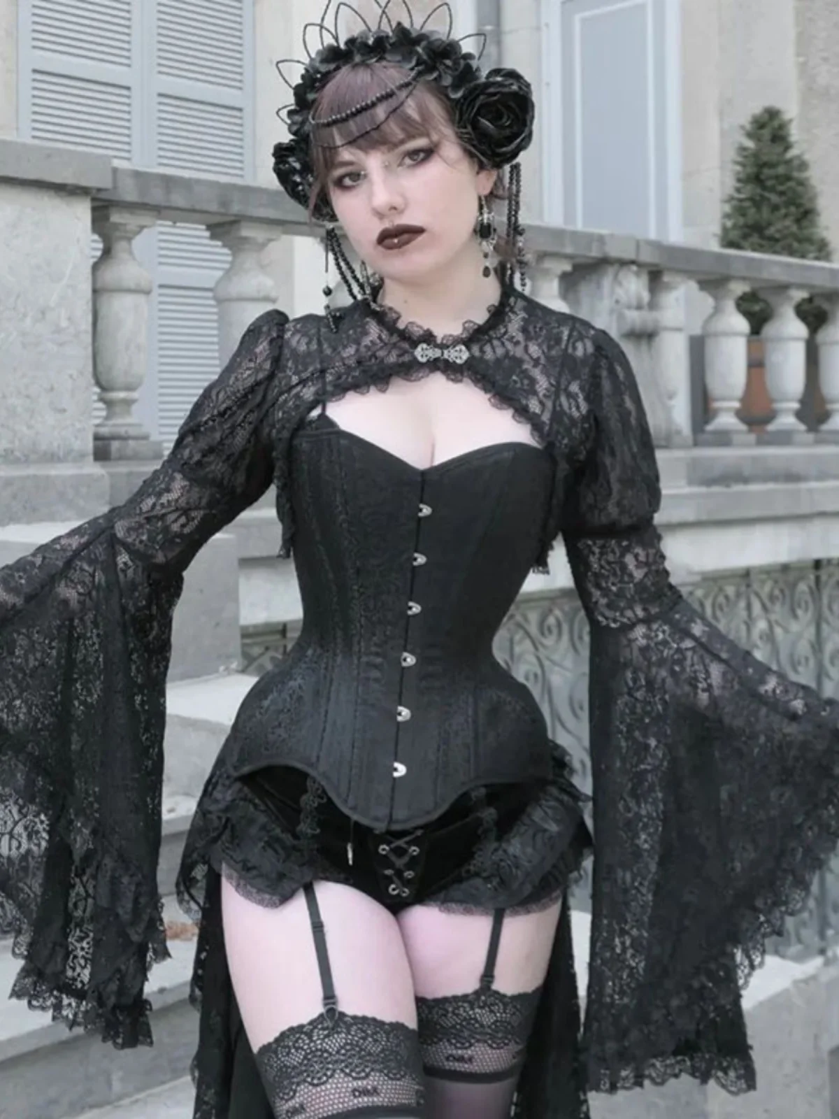 

Готический Bla Lace irt Halloween k oulder awl Bell Sve Укороченный топ Верхняя одежда Женская модная кружевная лоскутная длинная све