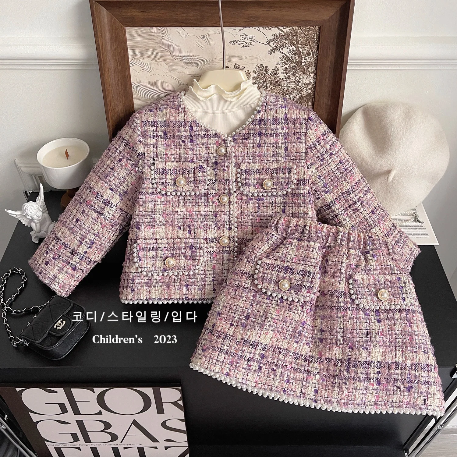 Girl Dress Set 2023 Baby Tweed Cotton Two-piece Set Baby Pink Fragrance Fashion Set Winter Baby Girl Winter Clothes Suit