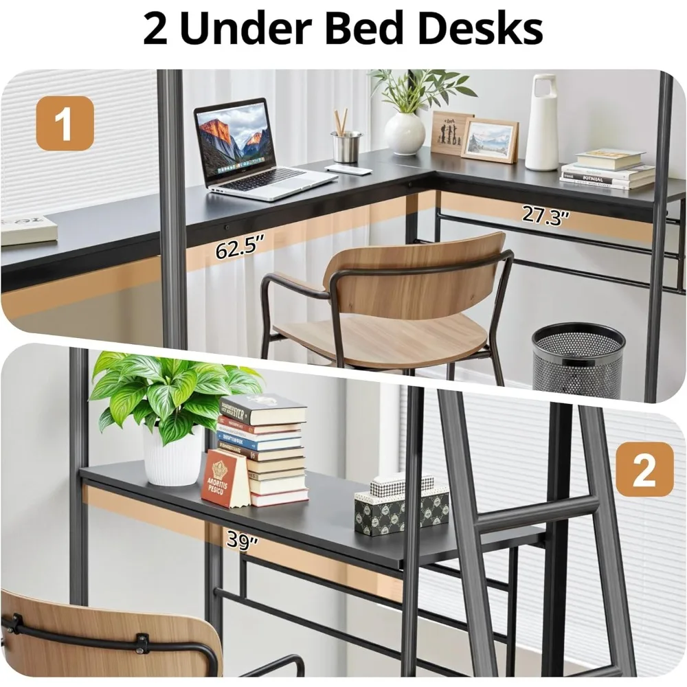 سرير علوي مزدوج الحجم على شكل حرف L مع مكتبين مدمجين، وسرير زاوية علوي معدني مع سلمين وسكة حماية أمان، بطابقين شديد التحمل #3