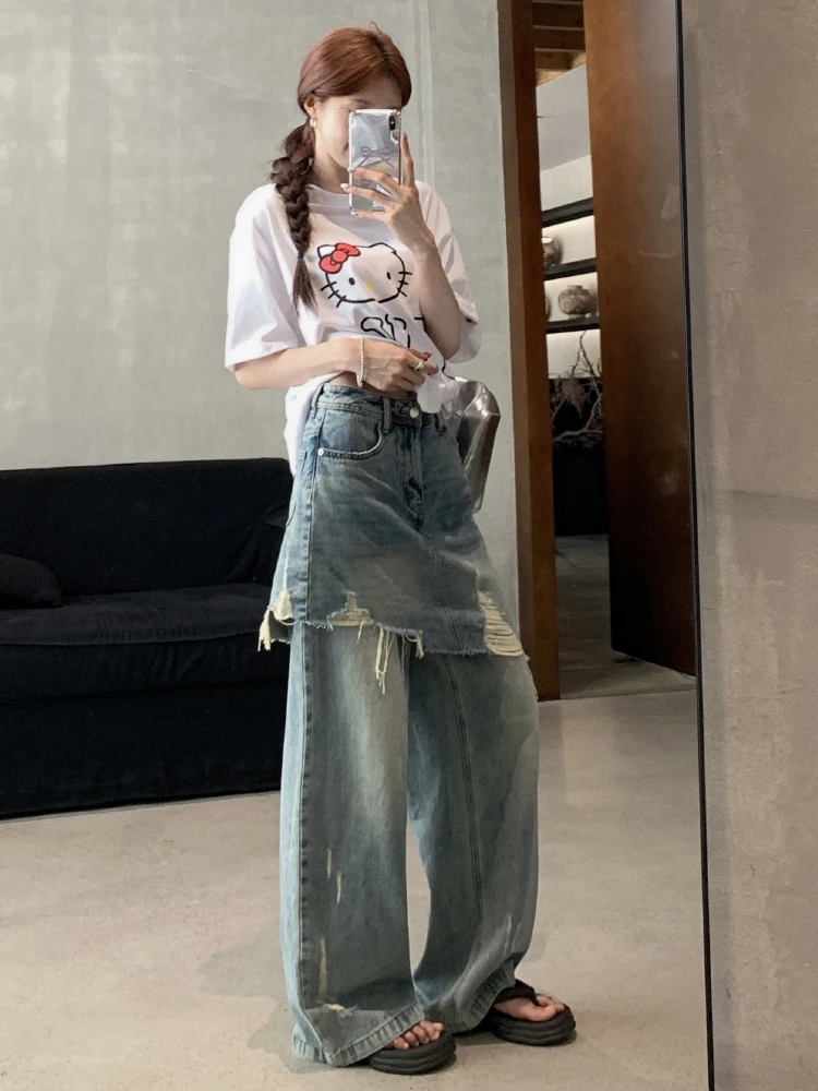 Redtachic palsu 2 potong robek Baggy Jeans wanita tidak beraturan kain perca wiski kaki lebar celana Denim pakaian antik kasual Korea