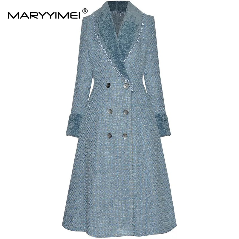 MARYYIMEI Autumn and Winter New Women's Coat Long-Sleeved Double-breasted Pocket Beading Tasserl Sky Blue Long Overcoat