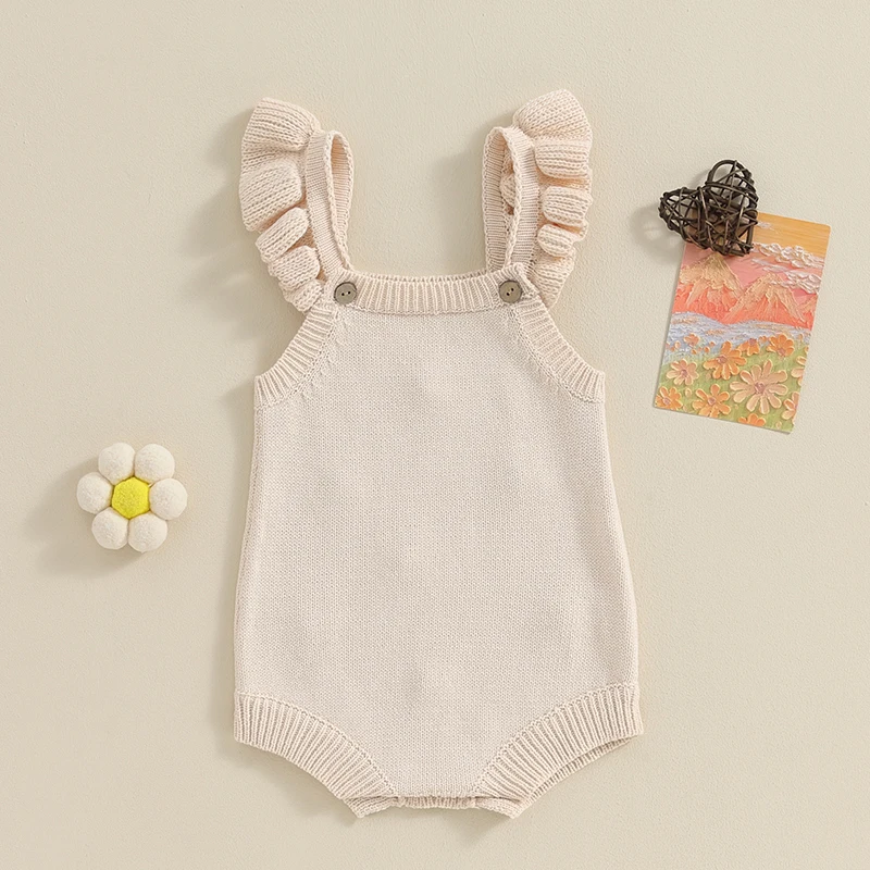 Lioraitiin Newborn Baby Girls Knitted Rompers Spring Summer Toddler Kids Ruffles Floral Embroidery Jumpsuits Playsuits Clothes