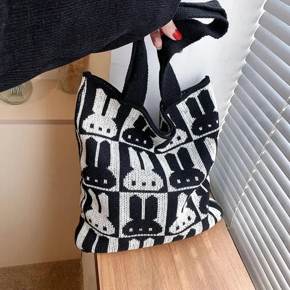 Knitted Shoulder Bag Women Casual Handbag Large Capacity Commute Bags Cute Rabbit Canva Tote University Student Bags