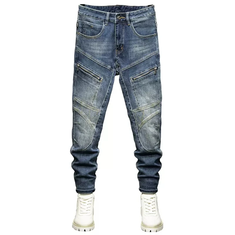 High Street Fashion Men Jeans Retro Blue Spliced Designer Elastic Skinny Biker Jeans Men Patched Hip Hop Denim Pencil Pants Men