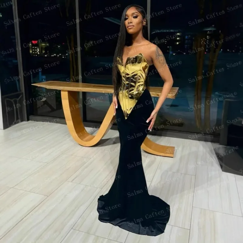 

2025 стильный вечерний клубный костюм для вечеринки, золотой топ из лакированной кожи, черная облегающая юбка-русалка, комплект европейской и американской моды