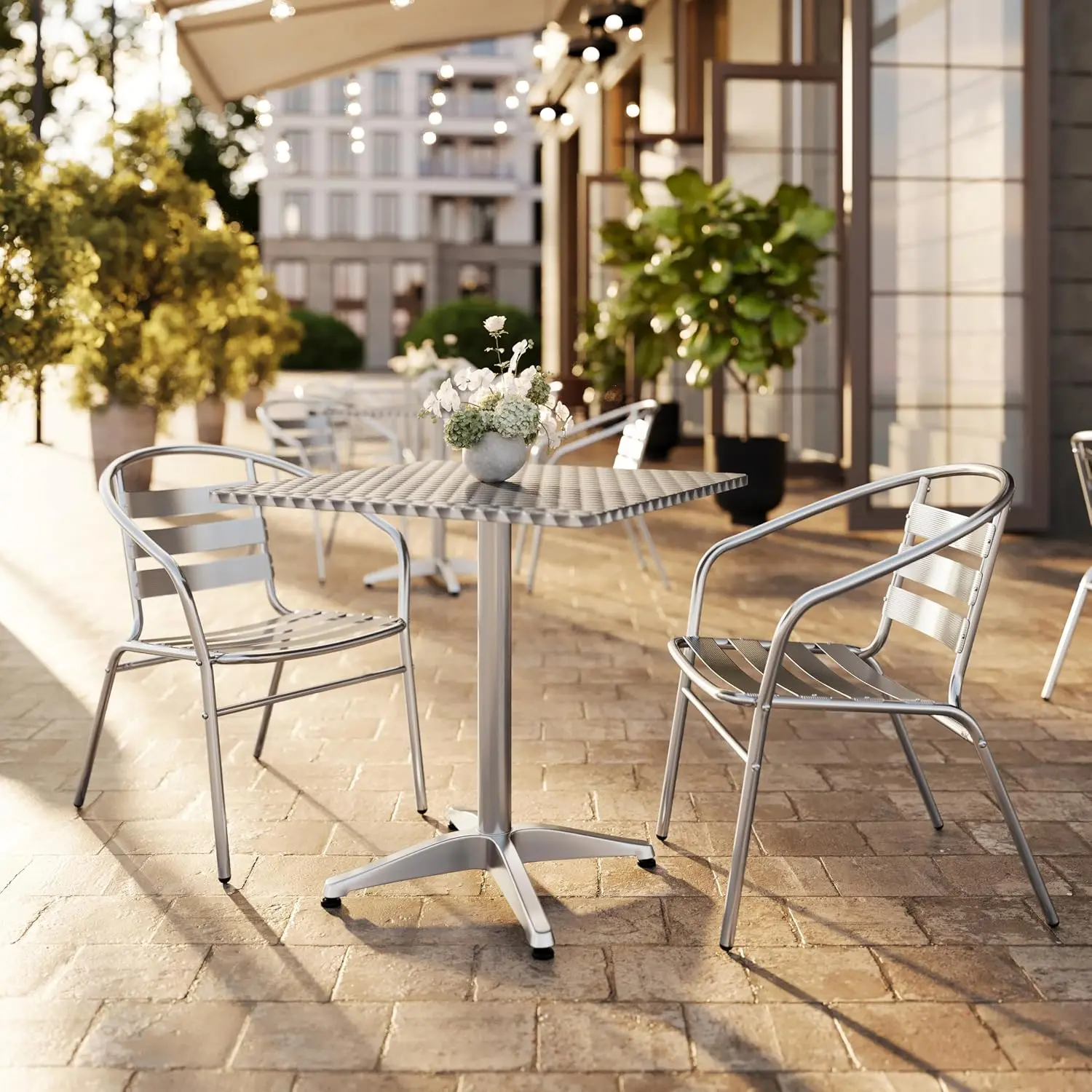 27.5 in Aluminum Square Bistro Table with 2 Chairs | Indoor/Outdoor Use, Slat Back, Slat Back Chairs