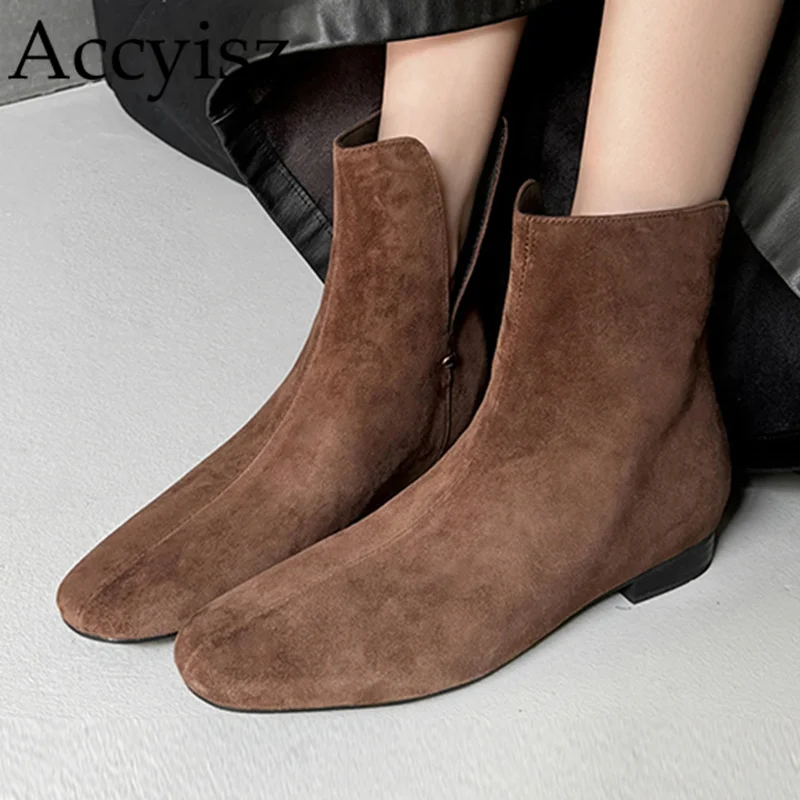 

2024 Autumn Women's British Style Riding Boots Real Leather Round Toe Flat Ankle Boots Solid Color Side Open Casual Short Boots