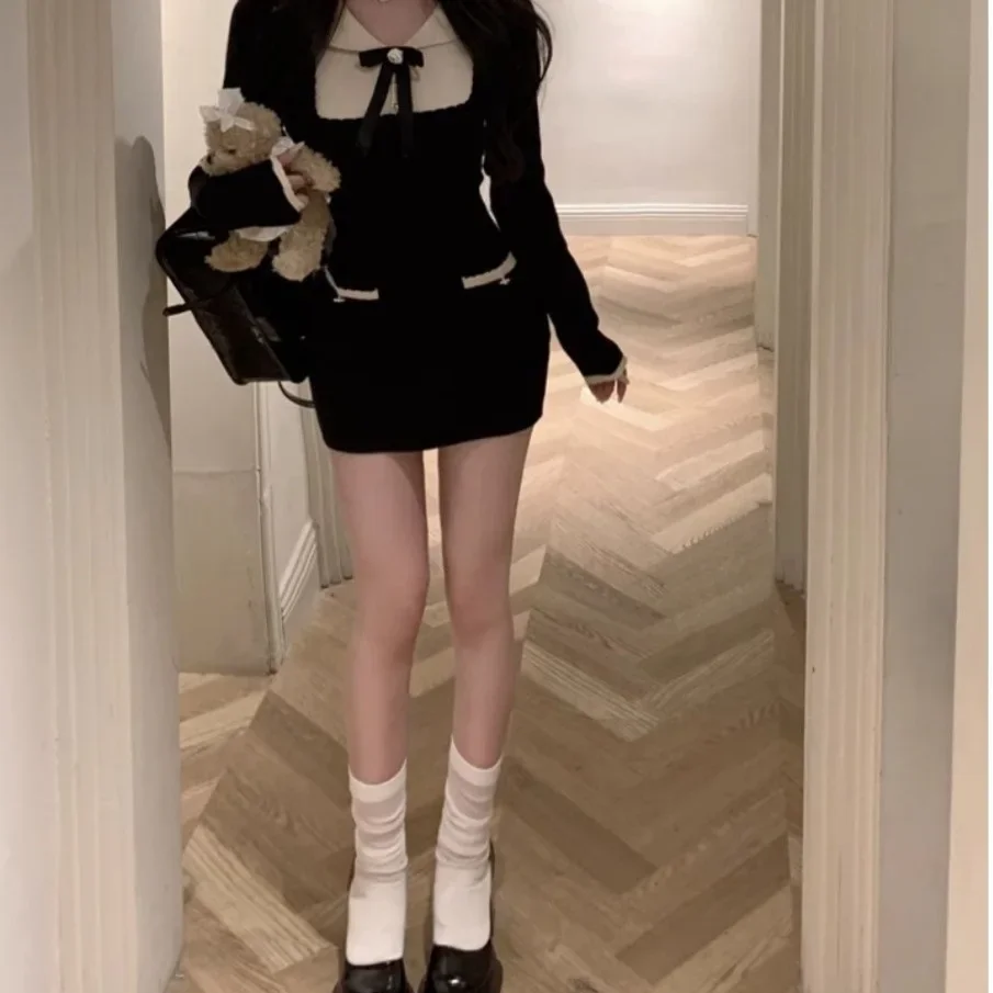 جديد وصول كتلة اللون فراشة عقدة محبوك فستان المرأة الخريف الخصر Cinched قصيرة تنورة صغيرة أنيق أسود Bodycon فستان #4