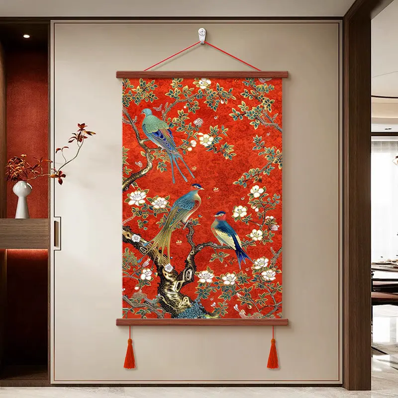 Chinese Red Magpie Plum Blossom Scroll Wall Art Housewarming Gift Aesthetic Room Decor for Living Room Entryway Home Posters