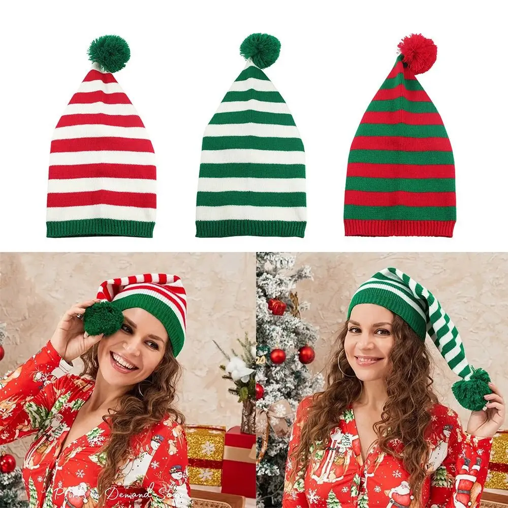 Winter Warm Christmas Knitted Cap Pompom Red White Striped Beanie Hat Festival Dress Up Comfortable Knitted Beanie Men and Women