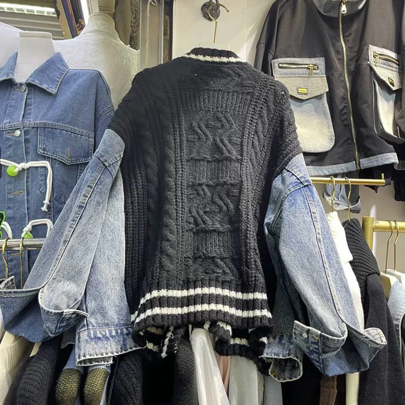 Contrast Denim Outerwears V-Neck Long Sleeve Ropa Mujer 2026 Loose Woman Cardigans Autumn Winter Double Pocket Sweater