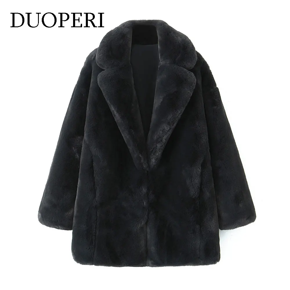 

DUOPERI Women's Faux Fur Coats Fashion Black Hidden Breasted Casual Lapel Neck Long Sleeves Female Elegance Chic Lady Outfits