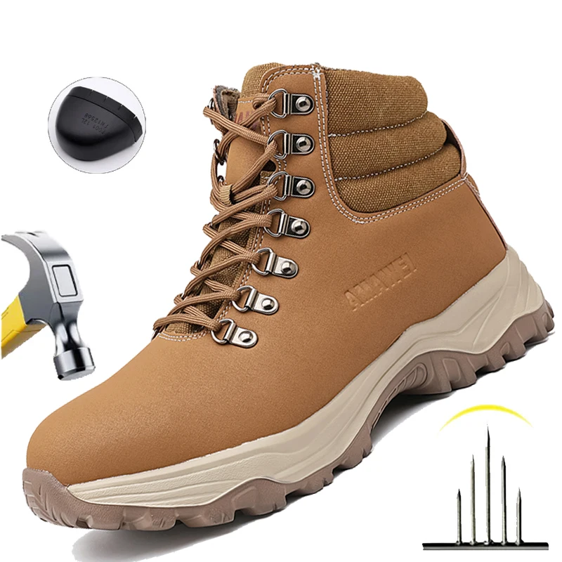 

Anti-Smash Steel Toe Work Boots Mens Protection Shoes Breathable Non-Slip Anti-Puncture Construction Work Shoes Hiking Boots