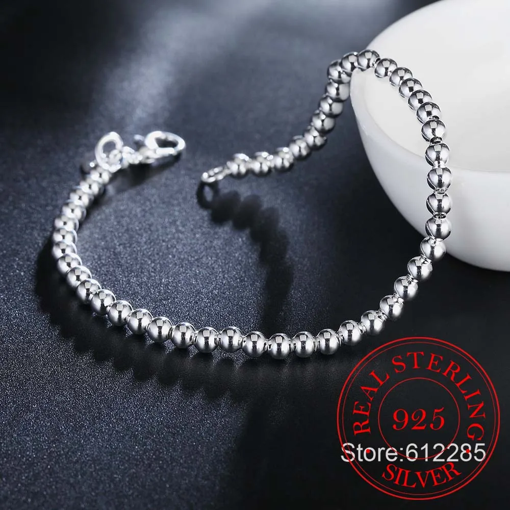 925 Sterling Silver Bead Ball Charm Bracelet 4mm 6mm 8mm 10mm Bracelet for Women Fine Jewelry for Banquet Wedding Anniversary