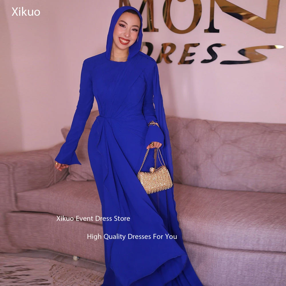Xikuo Elegant Royal Blue Chiffon Evening Gowns O Neck Pleated Cocktail Dresses Muslim Mermaid Long Sleeves Prom Dress Customized