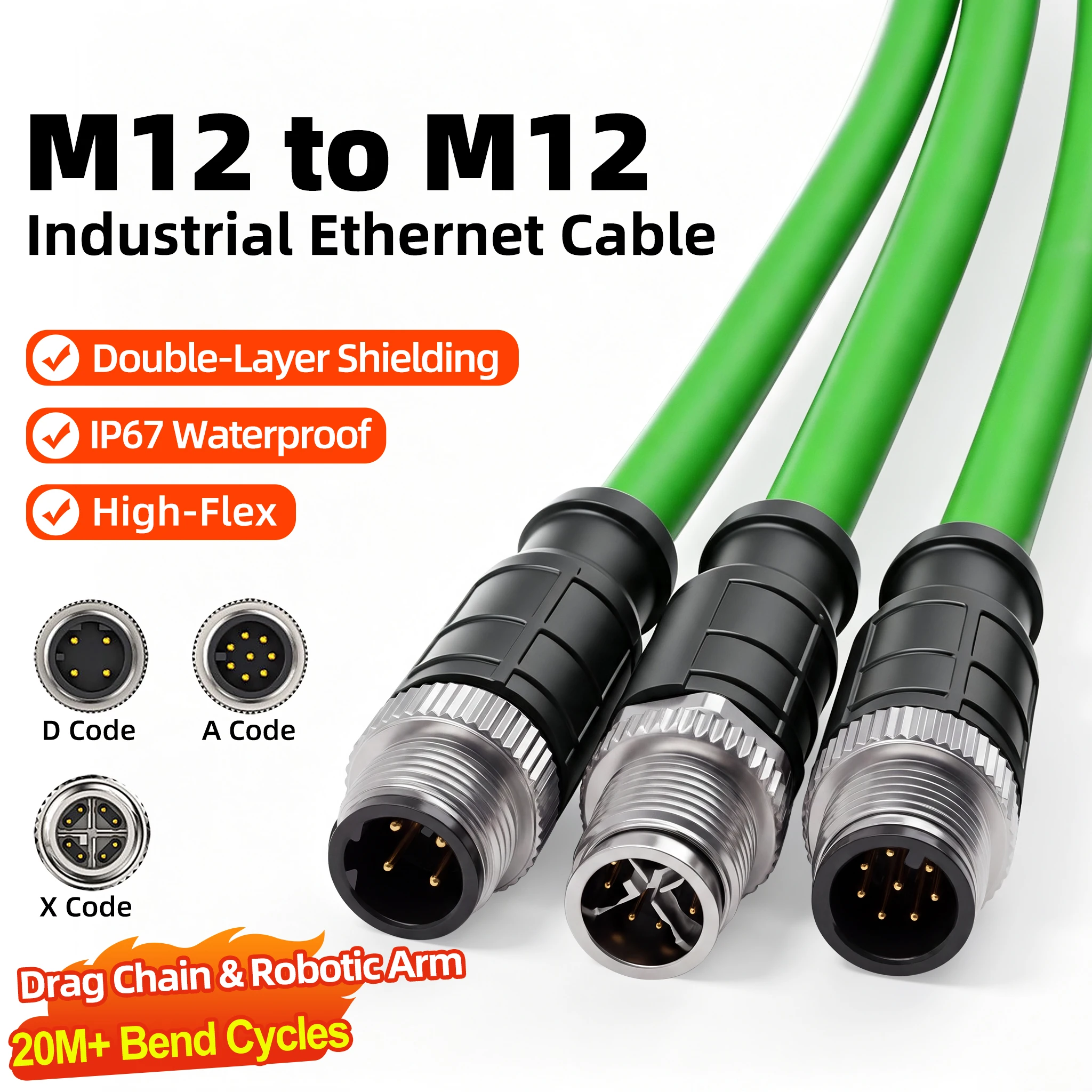 BYXGD M12 IP67 Industrial Ethernet Cable A/D/X‑code 4/8Pin Gold‑plated Drag Chain Shielded POE PLC for Robotic Arm CNC Automatio