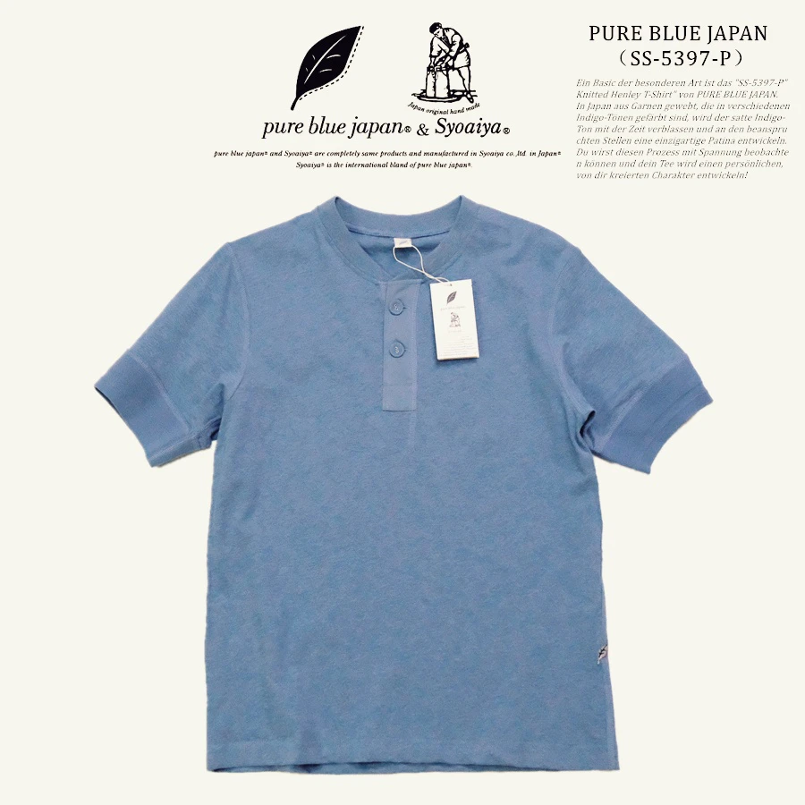 

PURE BLUE JAPAN JAPAN BLUE INDIGO Indigo Ribbed Sleeve Henry Neck Short Sleeve TEE!