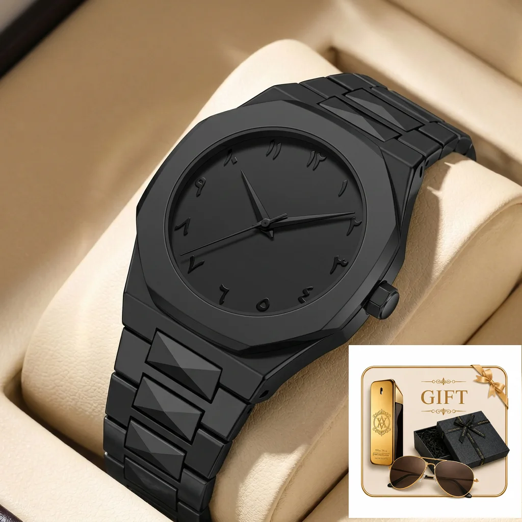 

4pcs Unisex Black Metal Modern Modern Minimalist Oct Octagonal Case Runic Dial Sung Sunglasses Perf Perfume Quartz Watch Gift