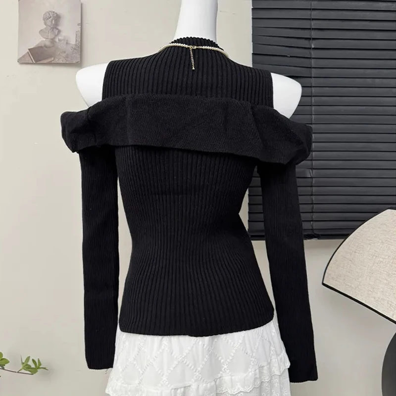 Sexy Off Shoulder Long Sleeve Sweater Women Korean Chic Slim Half Turtleneck Pullover Harajuku Ruffle Patchwork Black Jumper New