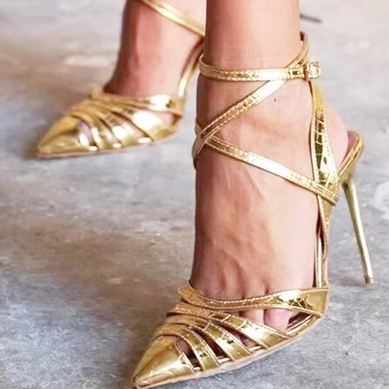 

Gold Metallic Leather Hollow Thin Heels Pumps Sexy Cross Strappy Shoes Pointed Toe Ankle Strap Female Footwears