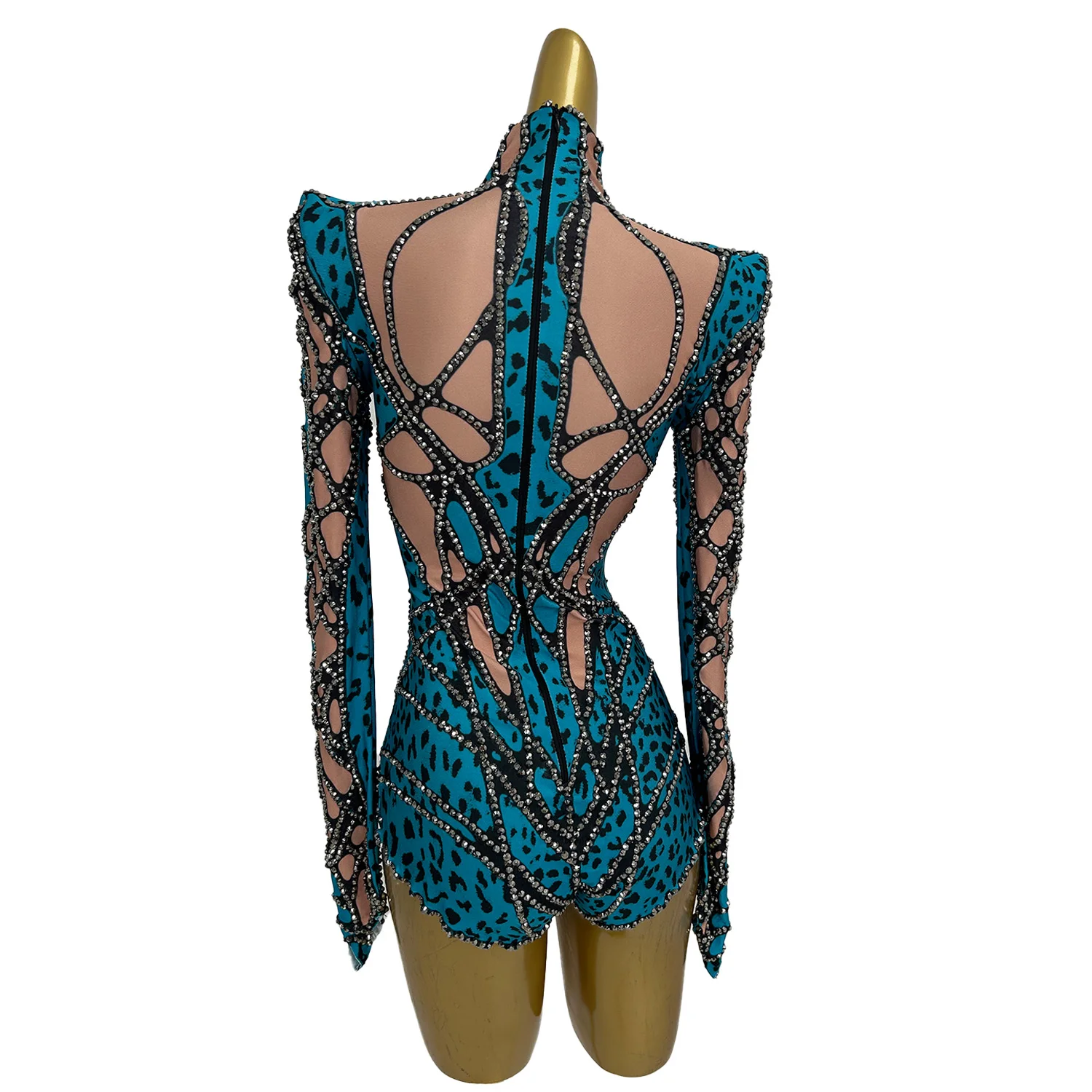 Blue Crystal Spider Web Tight Bodysuit Women Sexy Performance Singer Dancer Costume Show Stage Wear Nightclub Outfit Chongdong