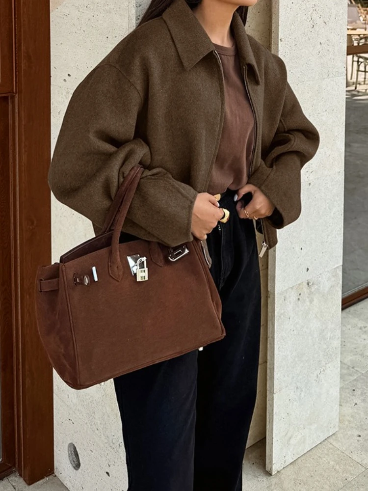Fashion Brown Zipper Woolen Jacket for Women Elegant Lapel Long Sleeve Short Coats Female Vintage Autumn Lady Street Outerwear