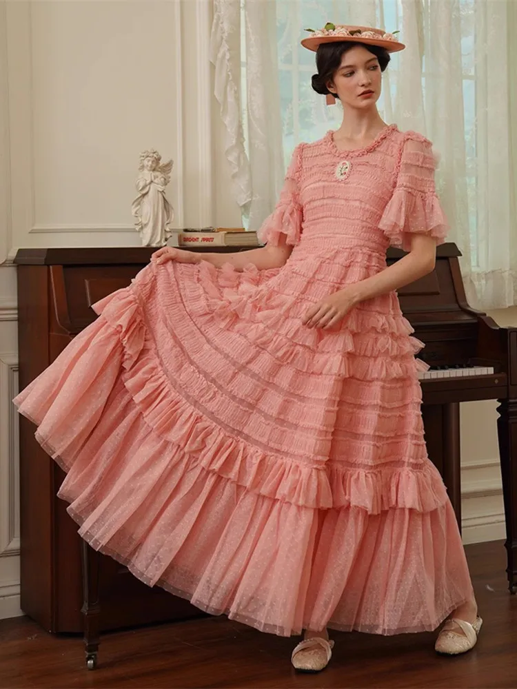 

86-98cmBust Summer Birthday Party Ballgown Dresses Women Elegant Slim Handmade Embroidery Big Swing Evening Dress Tiered Skirt