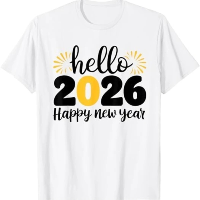 رائجة البيع نمط جديد مرحبا 2026 سنة جديدة سعيدة 2026 حفلة ليلة رأس السنة للجنسين القطن المحملة موضة عادية قصيرة الأكمام قميص بلايز #1