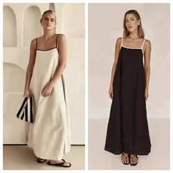 Solid Cotton Linen Sling Dress Women 2024 Summer Sexy Backless Sleeveless Slip Long Dresses Lady Elegant Loose Chic Maxi Dress