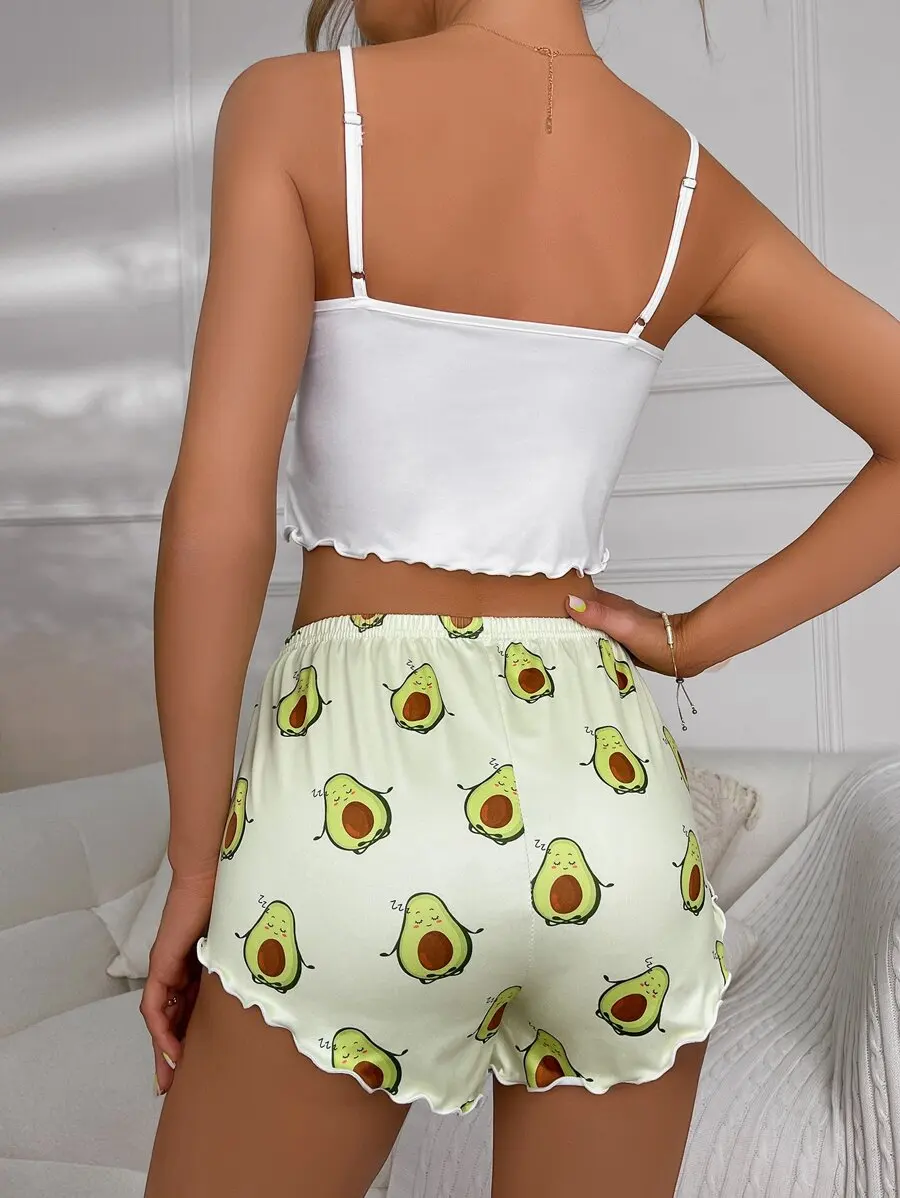 

Cartoon Avocado Print Lace Trim Cami Top And Shorts Pajama Set
