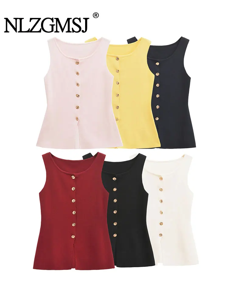 

NLZGMSJ Casual Basics Chic Women Knit Tops Solid O-Neck Button Sleeveless Straight Tops Fashion 2025 Spring Summer Slim Vest ﻿
