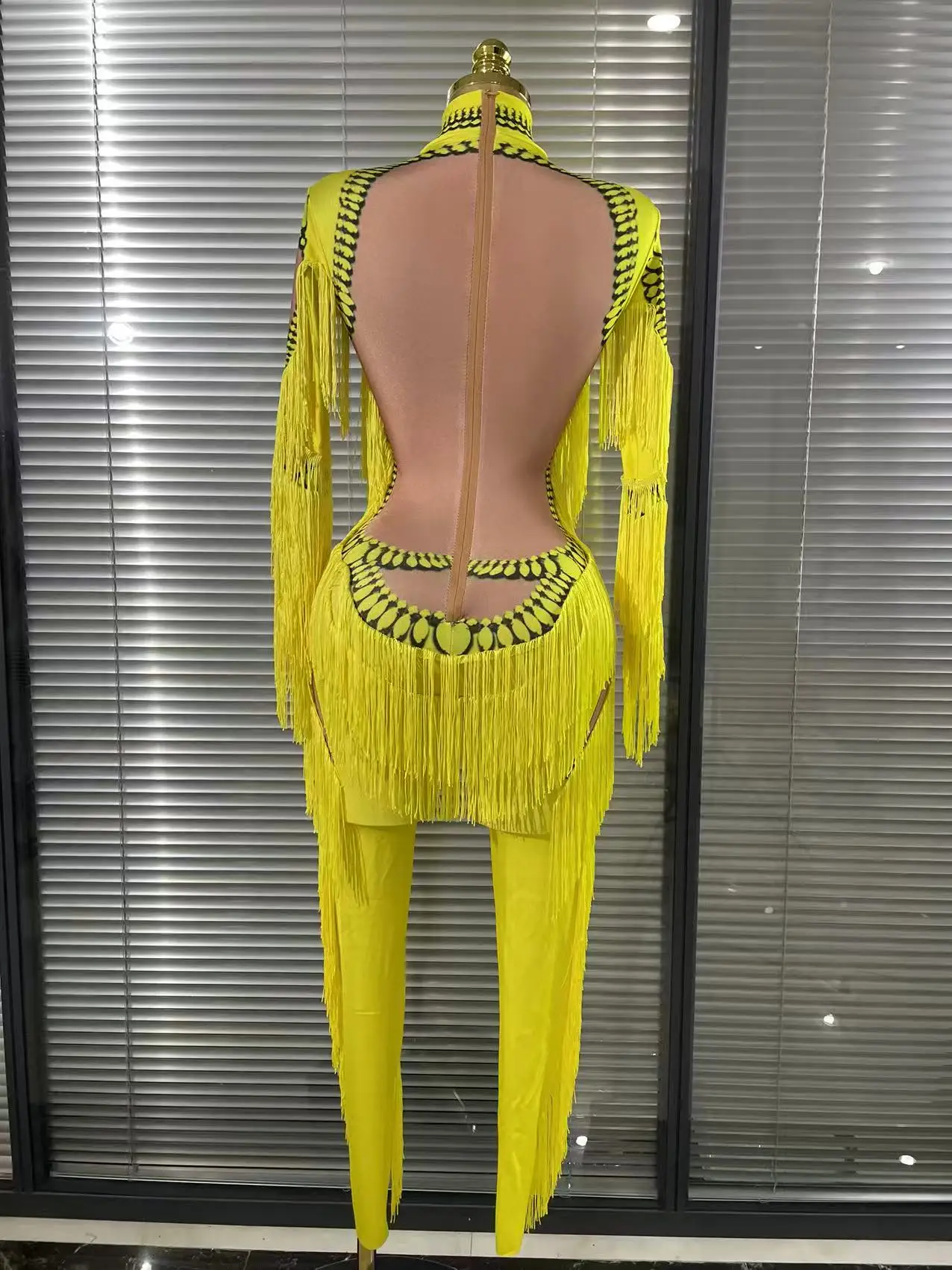الأصفر شرابة بذلة المرأة طويلة الأكمام دنة نحيل هامش يوتار مثير المرحلة ارتداء DJ المغني راقصة عرض الحفلات زي #6