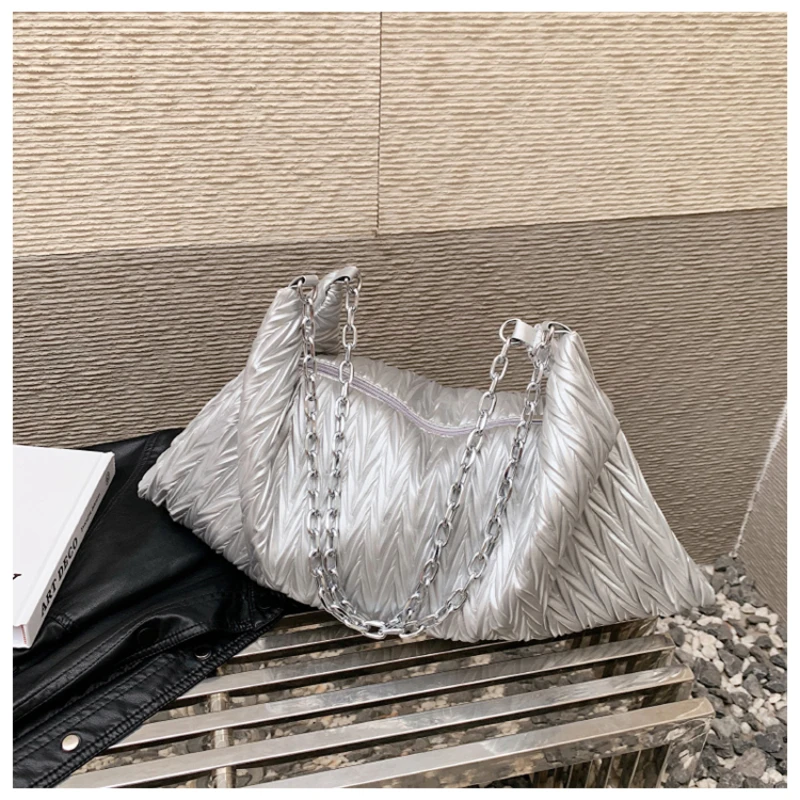 Casual Soild Ruched Shoulder Bags PU Zipper Large Capacity Bags for Women 2024 Fashion Brand Tote Hot Sale Bolsas De Hombro