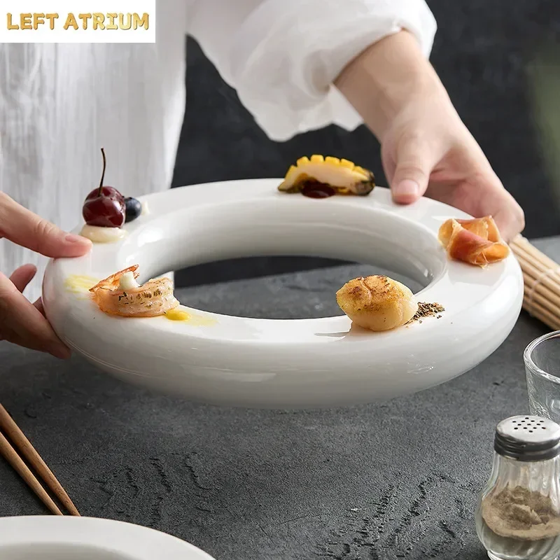 Pure White Ceramic Doughnut Dinner Plate Afternoon Tea Dim Sum Sushi Plate Dessert Snack Plate Restaurant Specialty Tableware