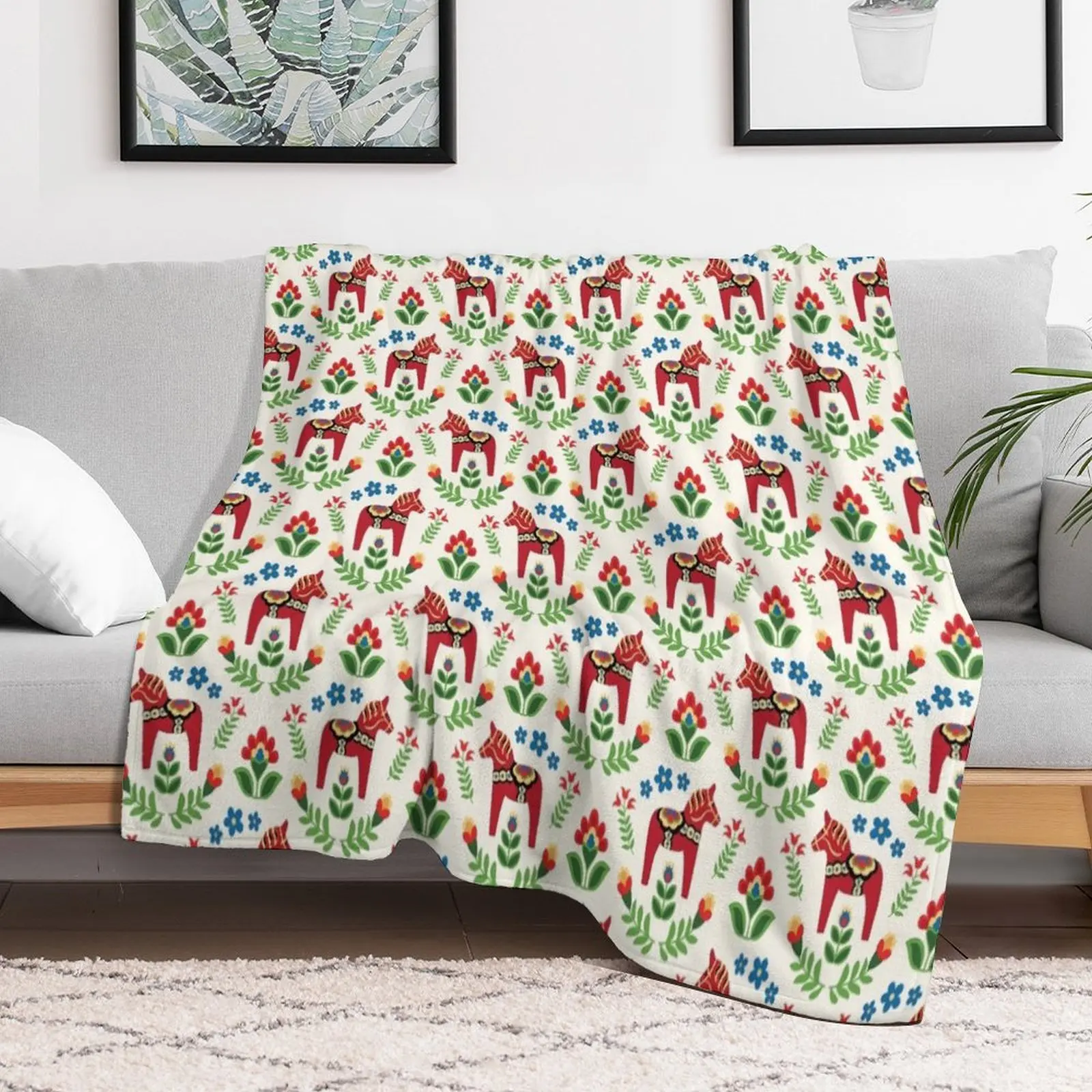 

Swedish Dala Horses Red Throw Blanket Shaggy Picnic Luxury Brand Blankets