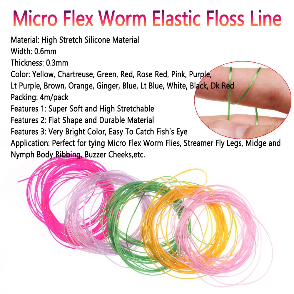 Bimoo 4M 0.6mm Micro Flex Worm Elastic Floss Line Nymph Body Buzzer Flexi Worm Fly Streamer Sea Fishing Lures Fly Tying Material