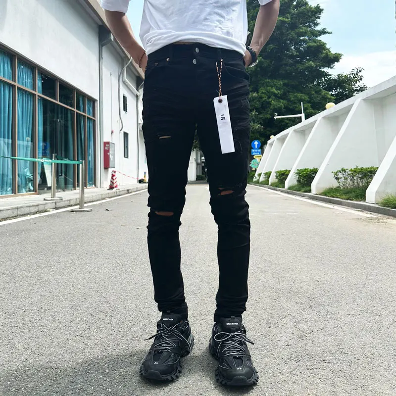 

European and American fashion new men's jeans elastic slim fit perforated patch with holes, black jeans high street trend hip-ho