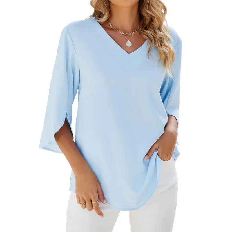 Elegant Solid Color Women's Chiffon Blouse Spring New Product V-neck Pullover 3/4 Sleeves Loose 2025 Versatile Shirt Top Ladies