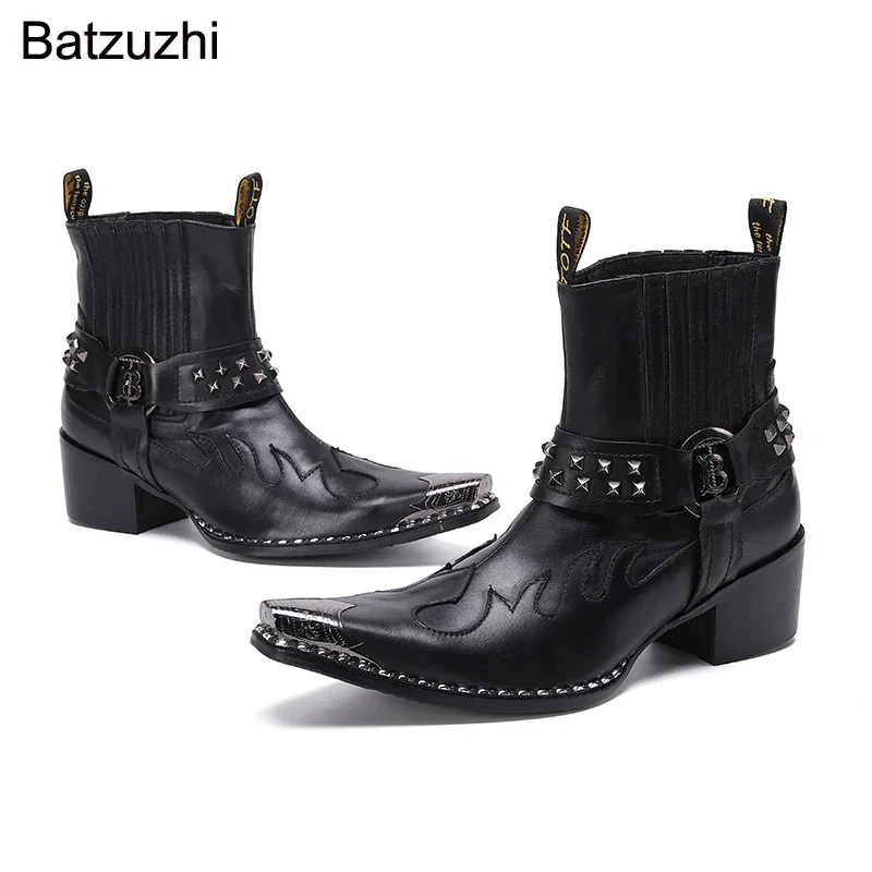 Batzuzhi Rock Genuine Leather Ankle Men Boots Western Cowboy Men Boots Pointed Toe Iron Head Black Riding/Motorcycle Party Botas