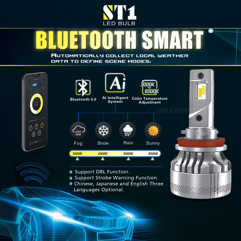 2x ST1 Bluetooth smart LED Bulb H7 H8 H11 HB3 9005 HB4 9006 9012 HIR2 Car Led Headlights Light Fog Bulbs Auto Lamp 3000K 6000K