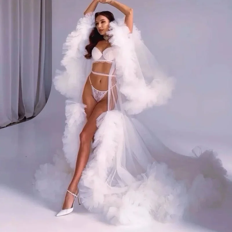 Fluffy Tulle Bridal Robe Women Party Nightgowns Puffy Wedding Pajamas Customized Long Dress Props Bridal Boudoir Robes