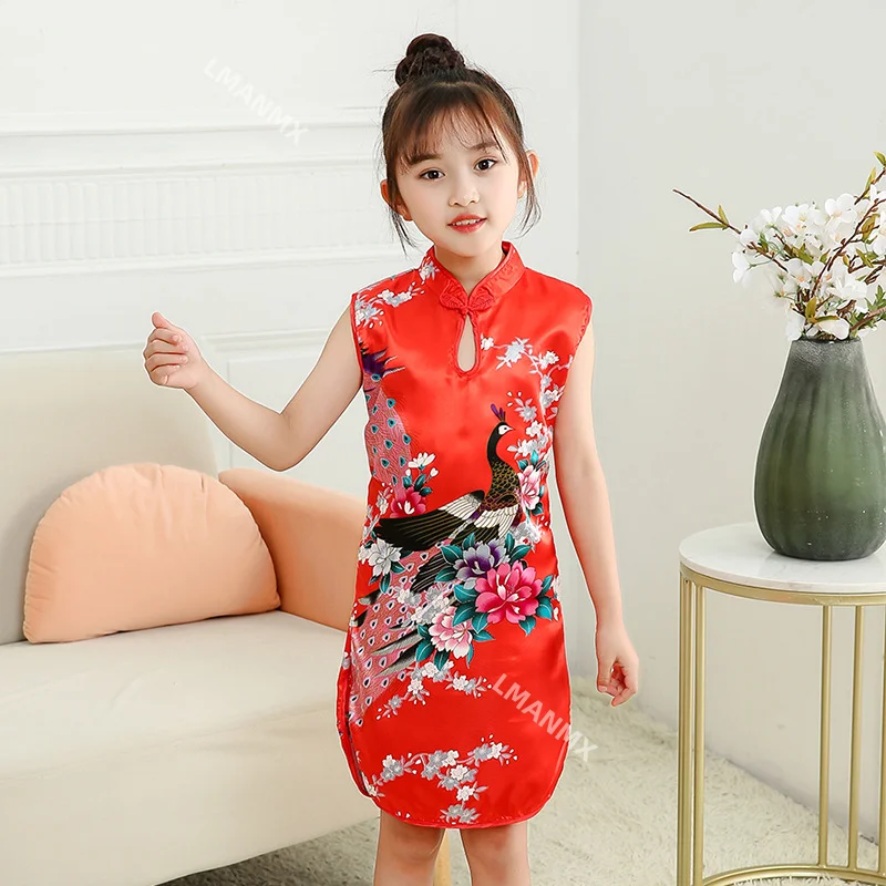 

5Colors Chinese Traditional Cheongsam for Baby Girl Qipao Summer Clothes Floral Peacock Sleeveless Child Costumes Slim Dresses