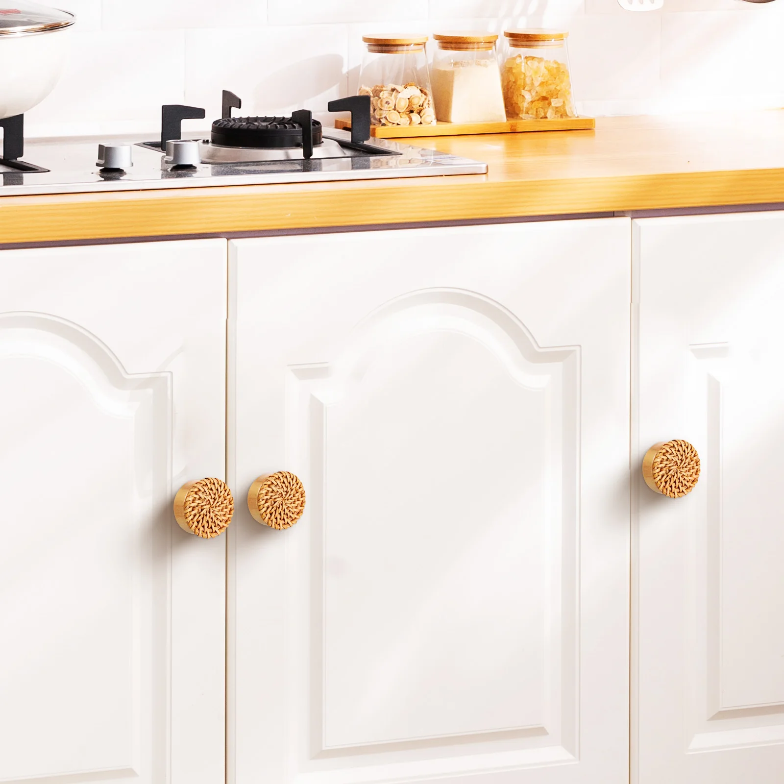 

4 pcs Wooden Rattan Drawer Knobs Boho Woven Pulls For Furniture Dresser Cabinet Cupboard Handles Durable Natural Grip