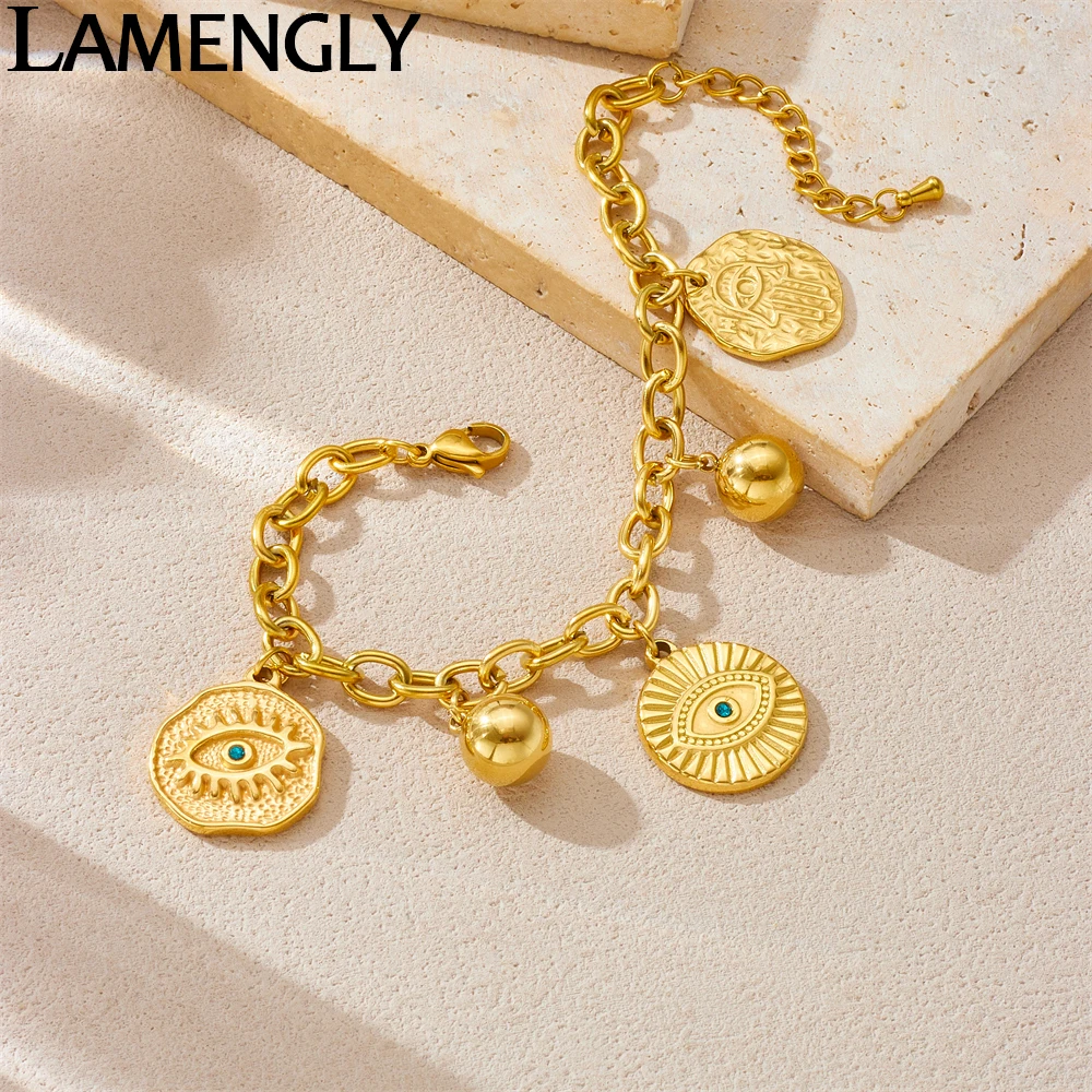 LAMENGLY 316L الفولاذ المقاوم للصدأ مبالغ فيها عيون الشر النخيل القرص قلادة سوار للنساء الإثارة الاتجاه اليد سلسلة مجوهرات هدية